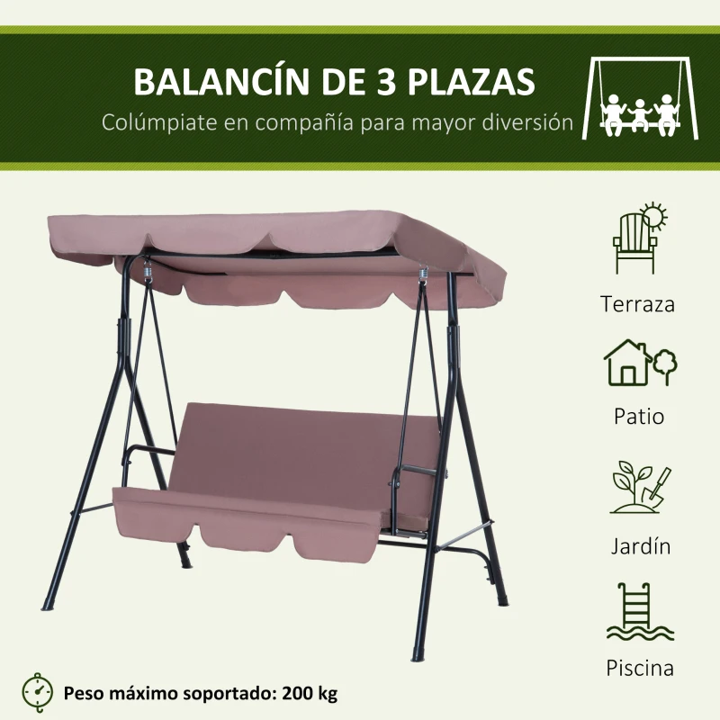Outsunny Columpio de Jardín de 3 Plazas con Parasol Techo Ajustable en Ángulo Carga Máx. 200 kg Acero 172x110x153 cm Marrón