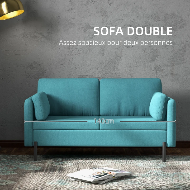 HOMCOM Canapé 2 places style contemporain 2 pochettes sur les accoudoirs pieds en acier revêtement tissu aspect lin bleu