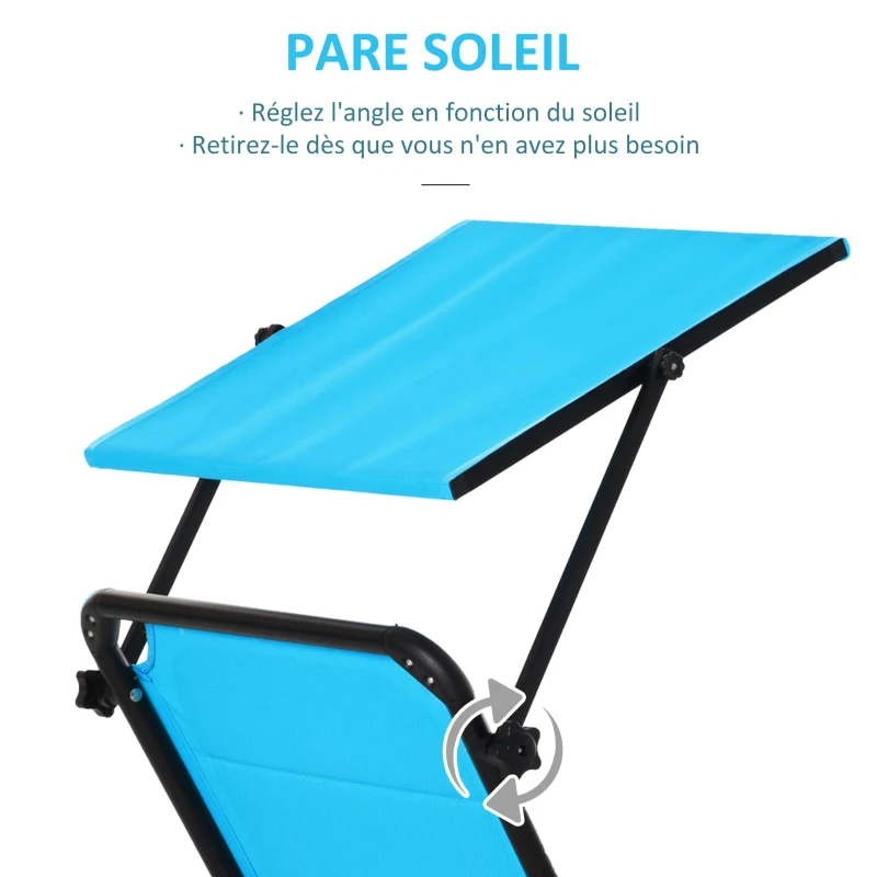 Outsunny Bain de soleil transat pliable grand confort dossier pare-soleil réglables multi-positions aluminium textilène bleu