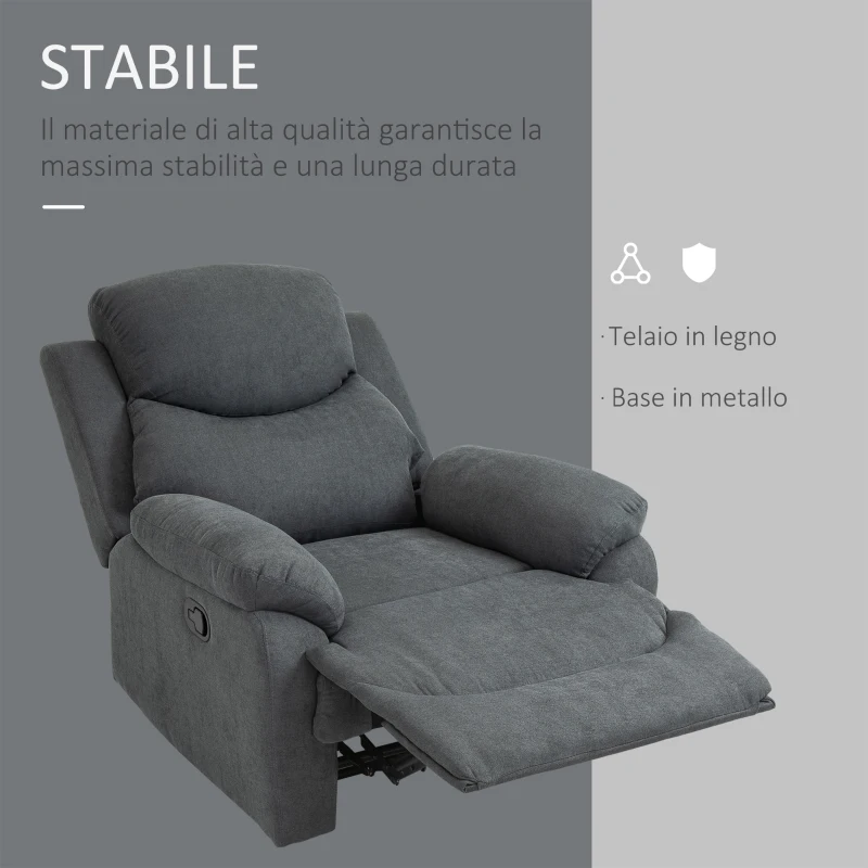 HOMCOM Poltrona Relax Manuale Ergonomica in Tessuto, Poltrona Reclinabile a 150° e Poggiapiedi per Casa e Ufficio, 93x88x102cm, Grigio Scuro