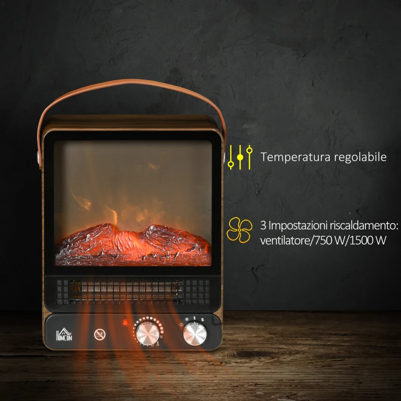 HOMCOM Camino Elettrico con Fiamma LED, 3 Modalità di Riscaldamento e Interruttore di Sicurezza, 30.3x17.5x37.4 cm