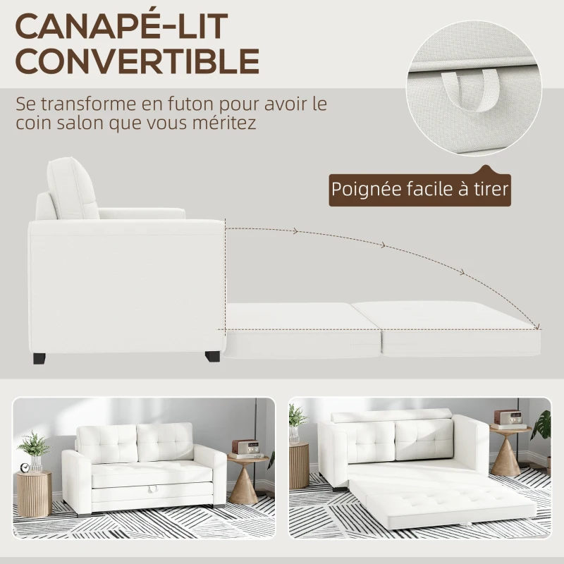 HOMCOM Canapé convertible 2 places canapé-lit avec dossier capitonné, coussins et matelas pliable au sol, blanc