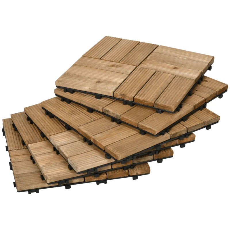 Outsunny 27 Pcs Wooden Interlocking Decking Tiles, Outdoor Flooring Tiles for Patio, Balcony, Terrace, Hot Tub, 30 x 30 cm per Piece, 2.5㎡ per Pack, Brown