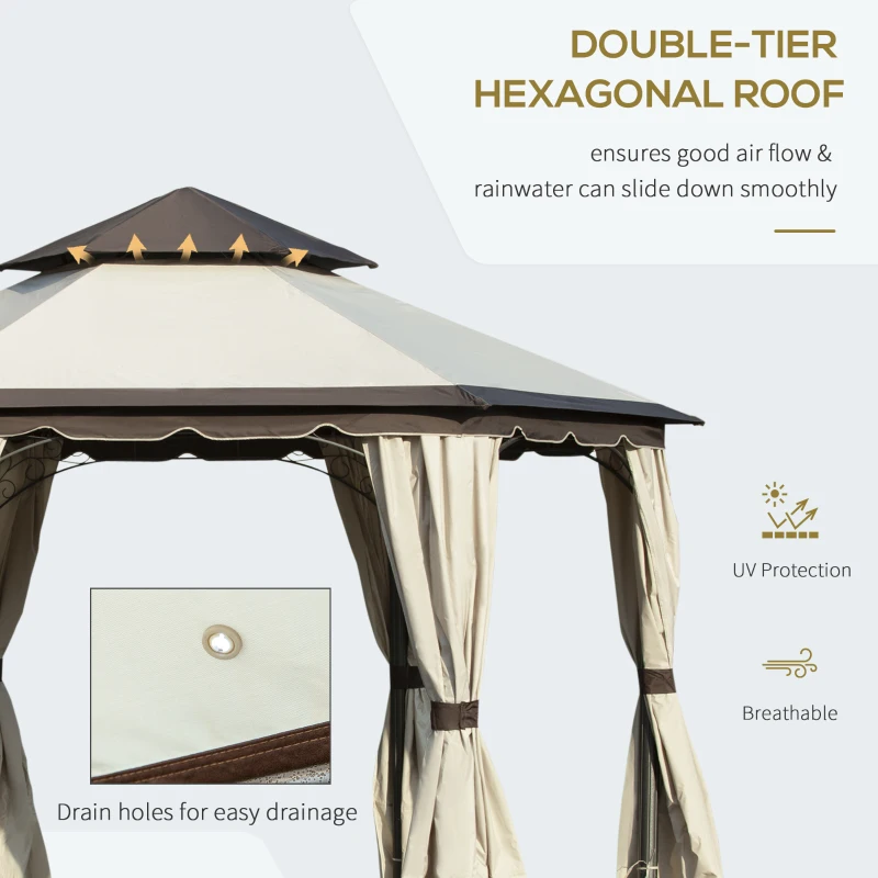 Outsunny 4 x 3.4m Hexagonal Metal Gazebo Garden Pavilion Outdoor Marquee Canopy Wedding Party Tent Shelter w/ Sidewall Panels