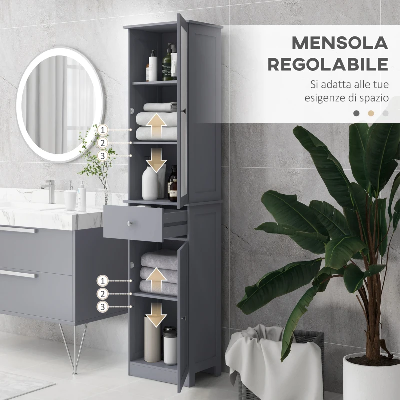kleankin Mobile Colonna Bagno Salvaspazio con Armadietto, Cassetto e Ripiani in MDF, 40x27x171.5cm, Grigio