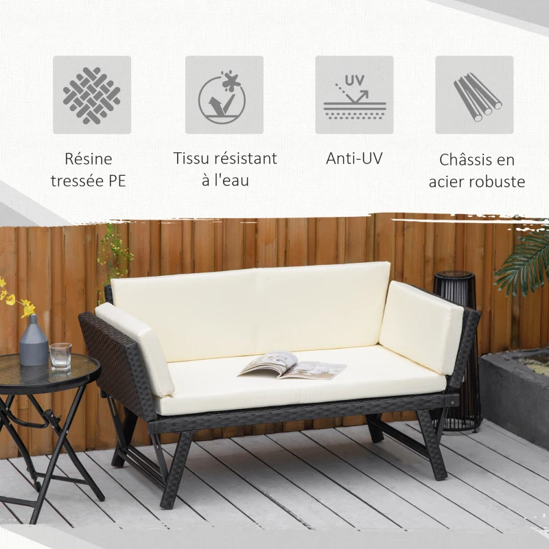 Outsunny Canapé lit de jardin extensible 3 places grand confort 4 coussins crème inclus résine tressée imitation rotin noir