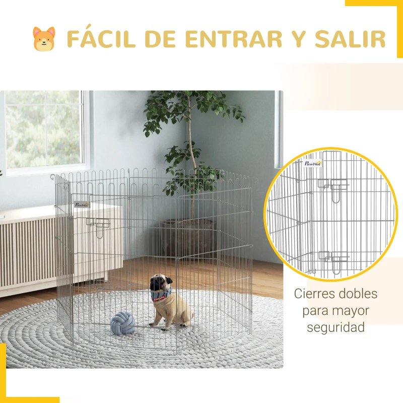 PawHut Vallas para Perros Plegables de 8 Piezas 63x91 cm con 1 Puerta y Marco de Acero para Jardín Patio Plata