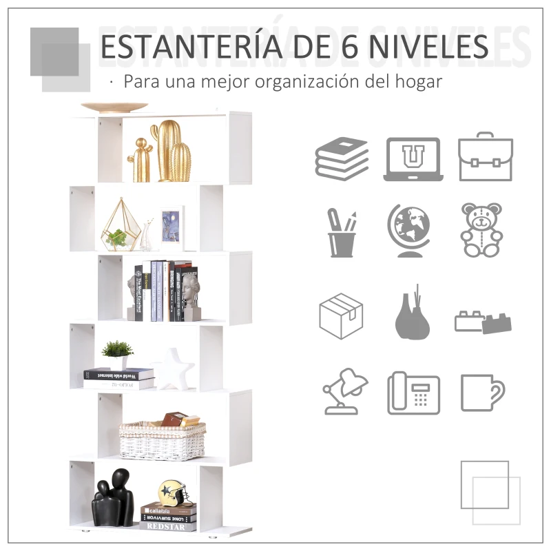 HOMCOM Estanteria Libreria 6 Estantes Madera Forma S 80x24x191 cm Estantes Color Blanco