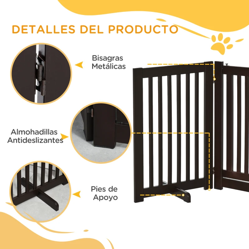 PawHut Valla para Mascotas Plegable de 3 Paneles con 1 Puerta y Patas de Apoyo para Pasillo Escalera 155x35,5x76 cm Café
