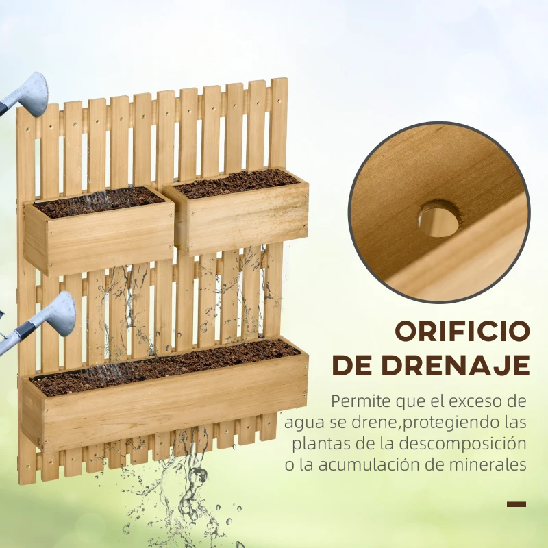 Outsunny Jardinera de Pared de Madera con Enrejado y 3 Macetas Móviles para Jardín Terraza Patio 60x16x80 cm Natural