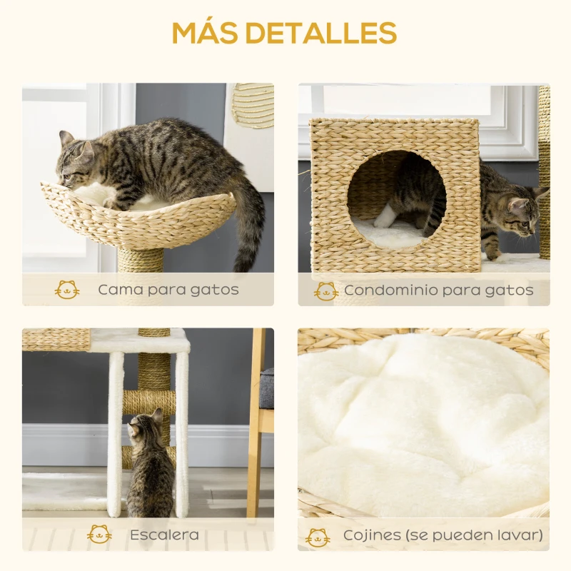 PawHut Árbol Rascador para Gatos Medianos Altura 100,5 cm Torre para Gatos con Cama Superior y Cueva de Totora