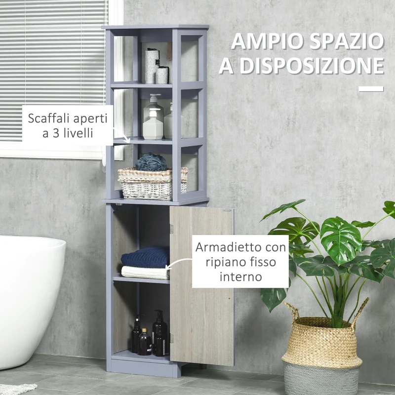 kleankin Colonna Bagno con 3 Mensole e Armadietto in Legno MDF 40x30x160, Grigio e Legno Naturale