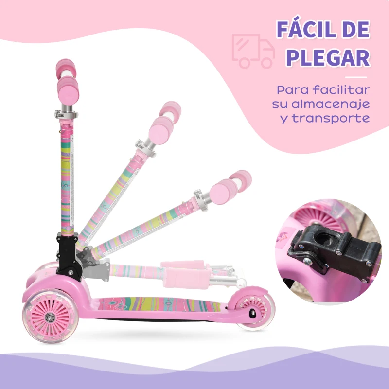HOMCOM Patinete para Niños de +3 Años Plegable Patinete 3 Ruedas con Luces LED Manillar Altura Ajustable y Freno Posterior Carga Máxima 50 kg 54,7x32,5x59-69 cm Rosa