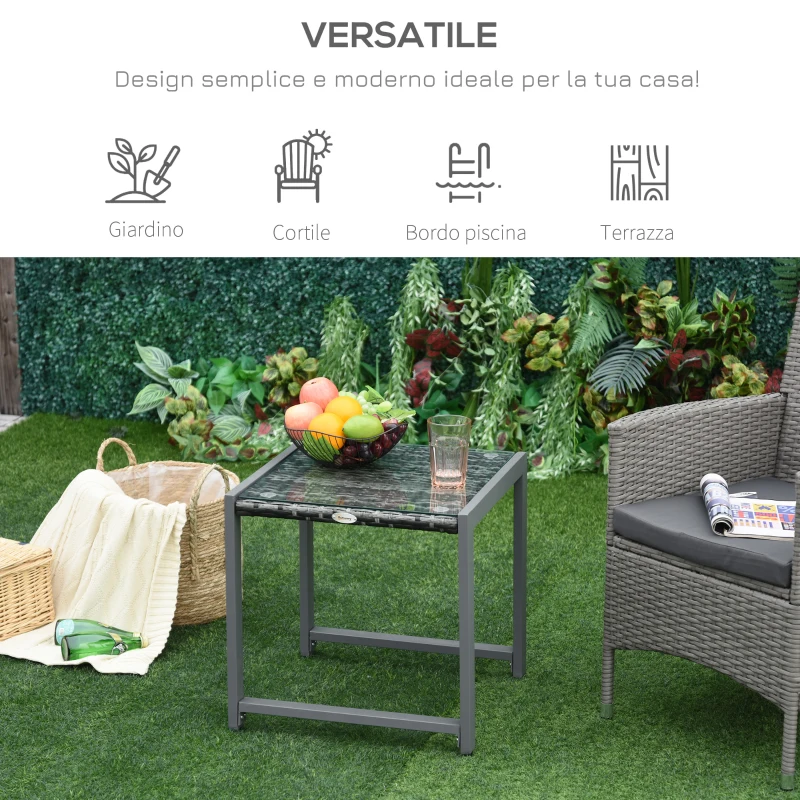 Outsunny Tavolino da Caffè da Giardino Piano in Vetro Temperato in Rattan Alluminio 50 x 49,5 x 50 cm