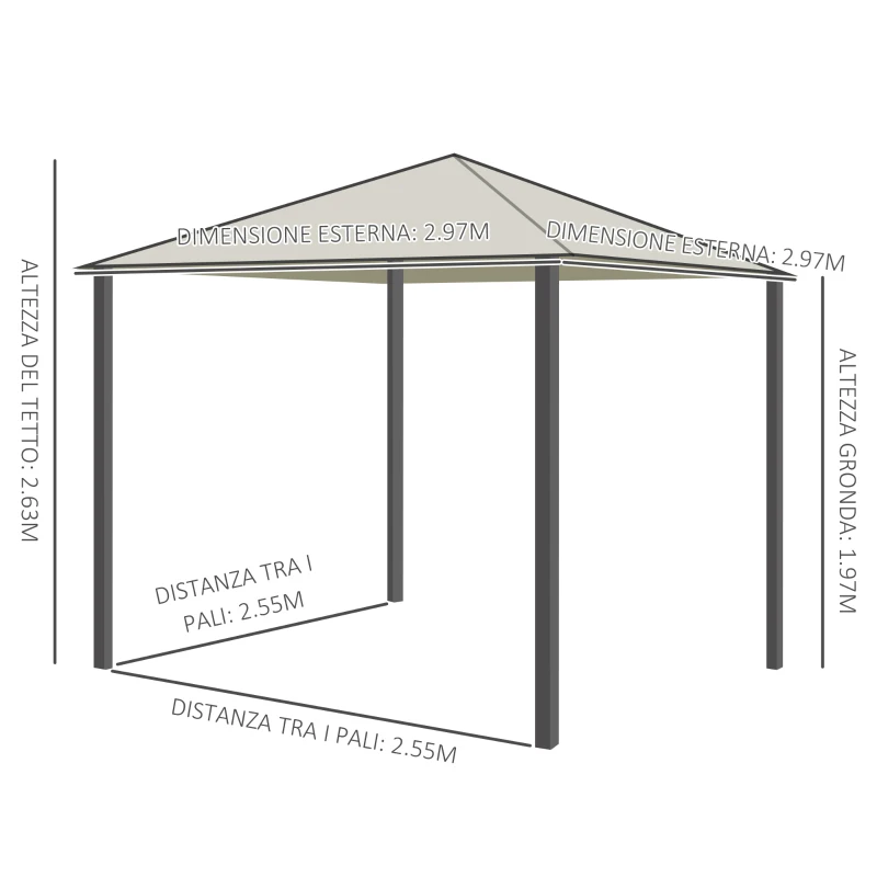 Outsunny Gazebo da Giardino 3x3m in Metallo con Doppio Tettuccio, Bianco e Crema