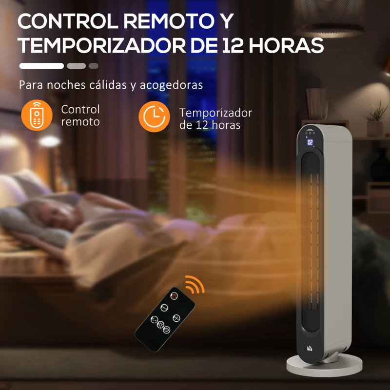 HOMCOM Calefactor Cerámico de Torre 1100/2200W Mando Pantalla LED Temporizador y Oscilación Ø25x73,5 cm Plata y Negro