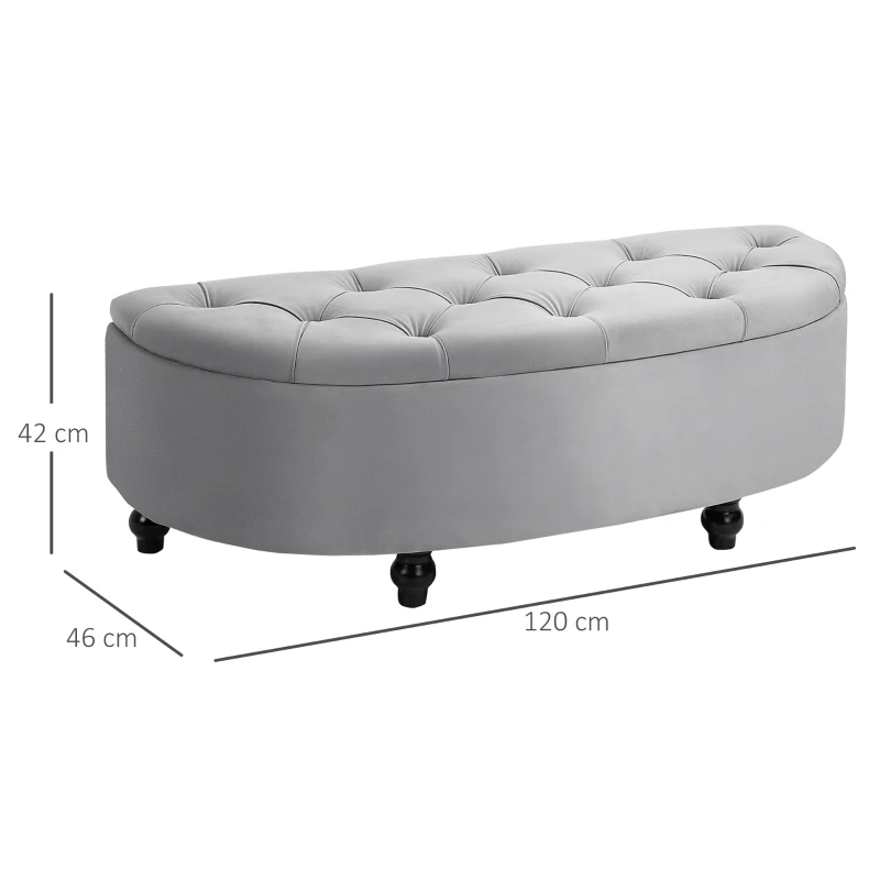 HOMCOM Banc de rangement, coffre de rangement design capitonné demi-cercle bout de lit avec revêtement velours, pieds en bois d'hévéa, pour salon, chambre, entrée, 120 x 46 x 42 cm, gris