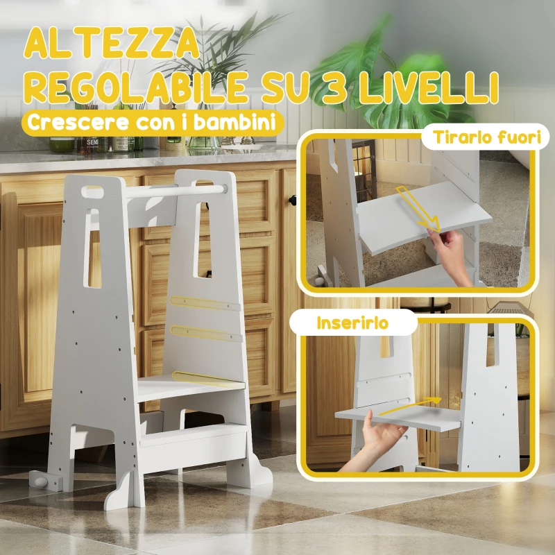 AIYAPLAY Scala Montessori per Bambini Regolabile su 3 Livelli con Barra di Sicurezza, in Legno, 45x47.5x91 cm, Bianco