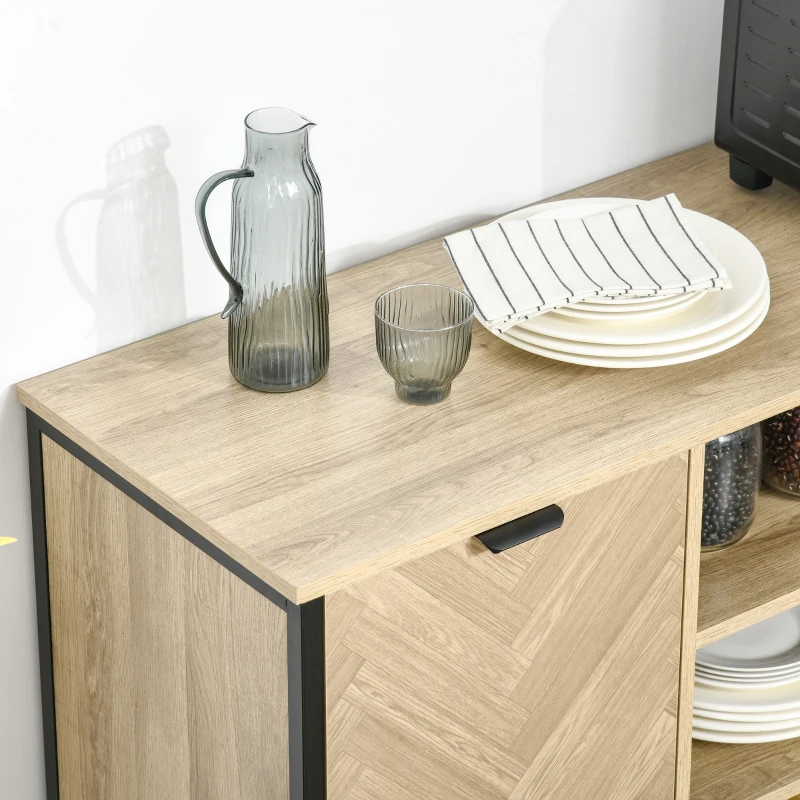 HOMCOM Buffet design style graphique façades placards à chevrons - 2 portes avec étagère, 3 niches - métal noir panneaux aspect chêne clair