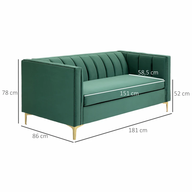 HOMCOM Canapé 3 Places Style Art Déco piètement Acier doré revêtement Velours Vert Sapin