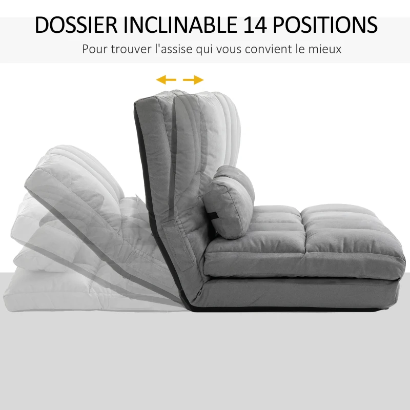 HOMCOM Chauffeuse matelas d'appoint pliant fauteuil convertible inclinaison dossier réglable 2 coussins inclus en polyester aspect suédé, pour salon, chambre et bureau, gris