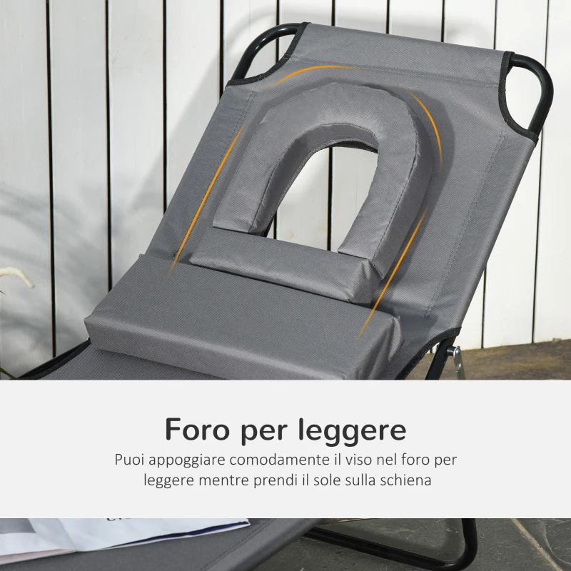 Outsunny Sdraio da Mare con Foro per Lettura Pieghevole e Reclinabile su 4 Livelli in Tessuto Oxford e Acciaio, Grigio