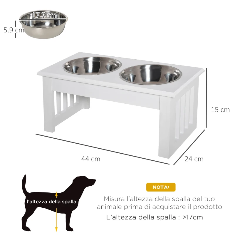 PawHut Ciotole Rialzate per Cani Taglia Piccola ed Extra Piccola, Supporto Portaciotole in MDF con 2 Ciotole in Acciaio Inox per Cibo e Acqua, Bianco