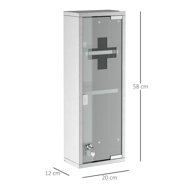 kleankin Armoire à Pharmacie 2 étagères 3 Niveaux 20L x 12l x 58H cm Porte Verre trempé Symbole Croix Acier INOX.