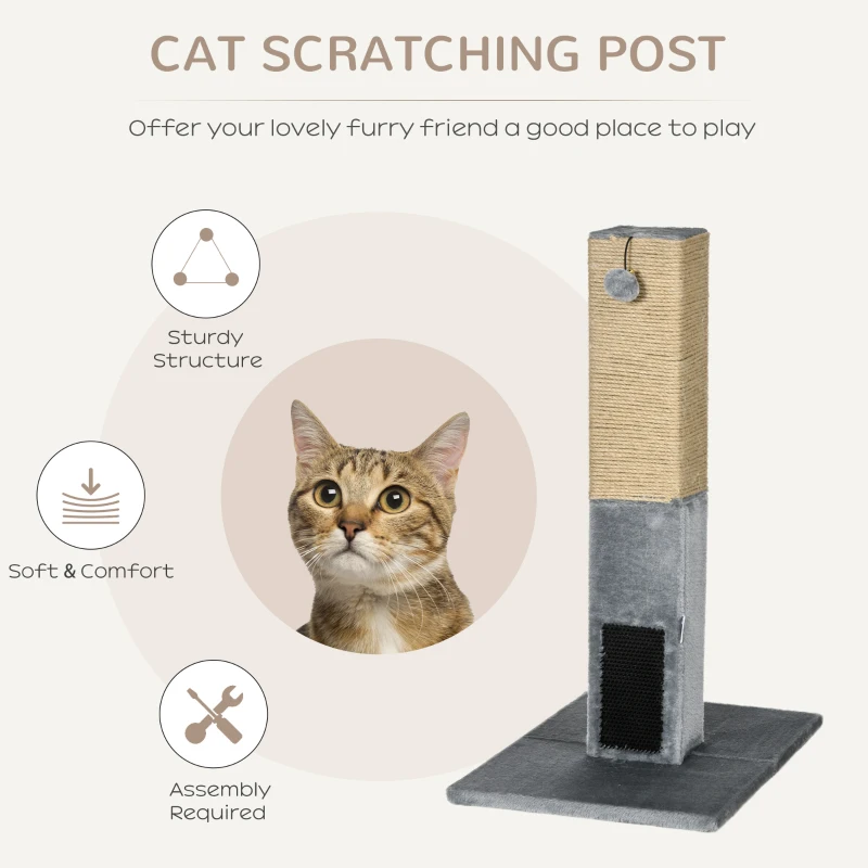 PawHut Cat Tree Scratching Post for Indoor Cats 79cm Jute Scratcher Climber w/ Carpet Base Dangling Toy – Grey