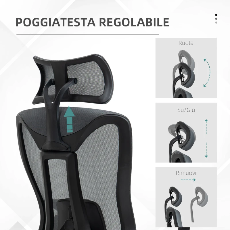 Vinsetto Sedia da Ufficio Reclinabile con Poggiatesta, Supporto Lombare e Altezza Regolabili, Grigio