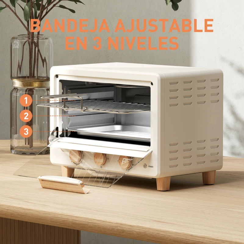 HOMCOM Horno Sobremesa de 16L 1400W Horno Eléctrico con Puerta de Vidrio Temporizador y Temperatura Ajustables hasta 230℃ Crema(m-5)
