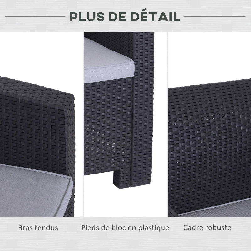 Outsunny Salon de Jardin 4 pers. 4 pièces Style Contemporain Coussins Grand Confort Inclus Polyester Gris Clair résine tressée Noir