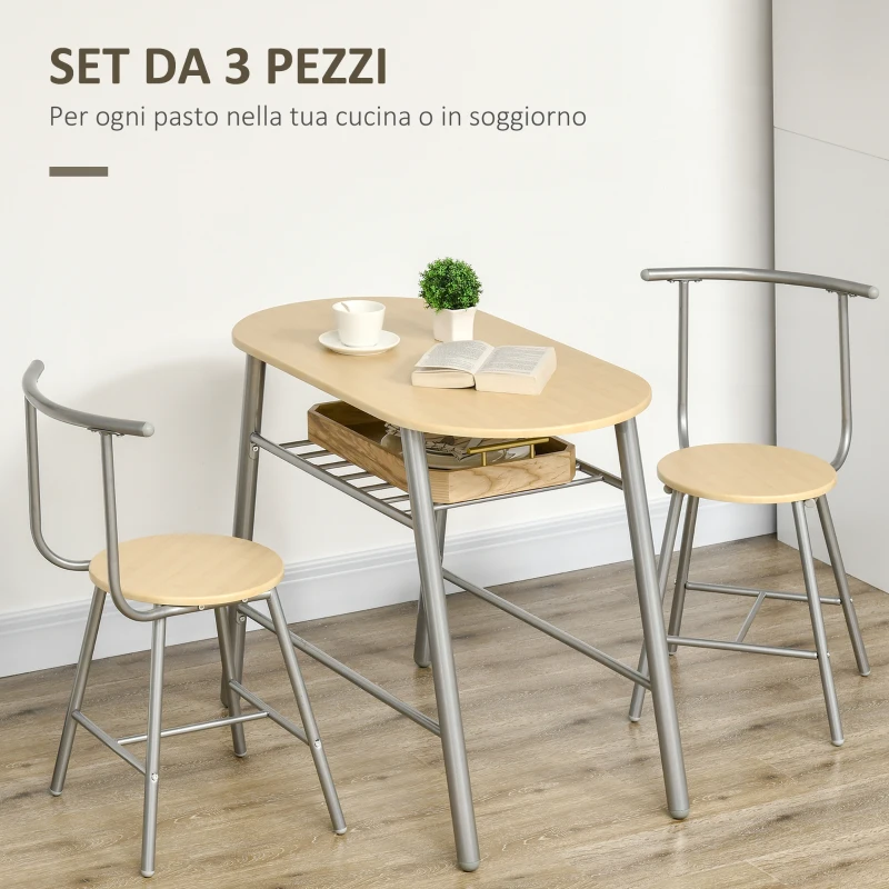 HOMCOM Set da Pranzo Salvaspazio da 3 Pezzi con Tavolo da Pranzo Ovale con Ripiano e 2 Sedie in MDF e Acciaio