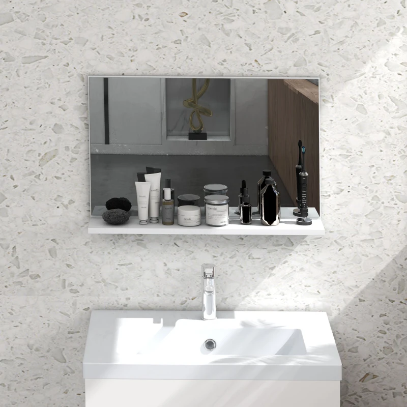 kleankin Specchio Bagno da Parete con Mensola Design Moderno e Multiuso, 60x12x40 cm, Bianco