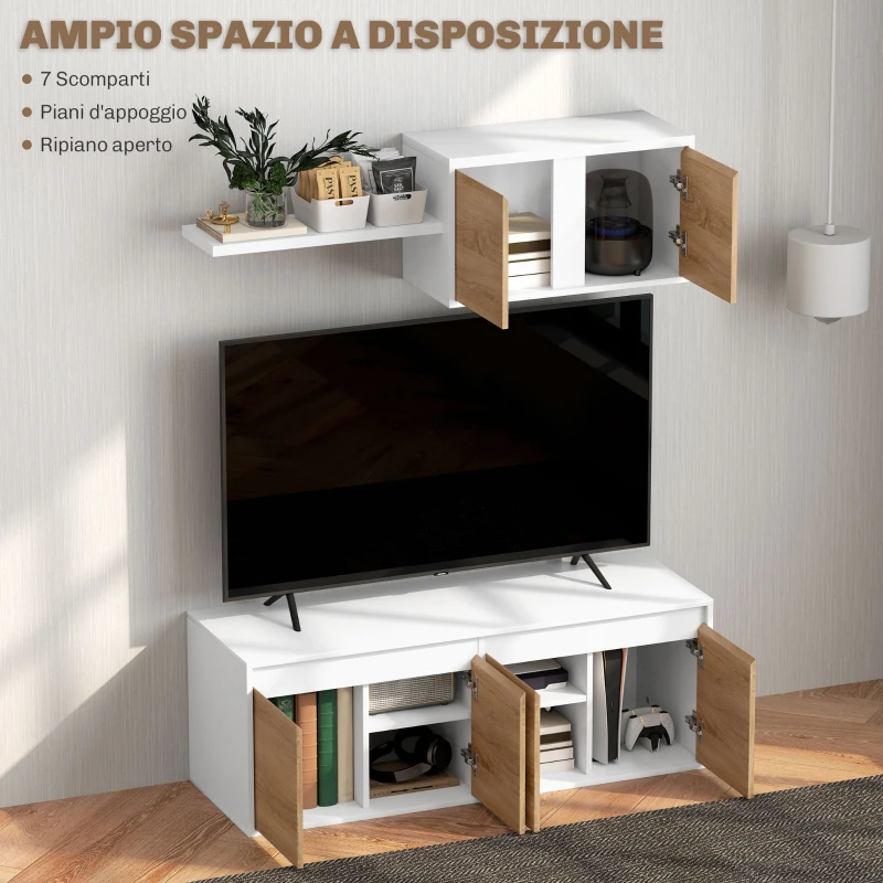 HOMCOM Set Mobile TV e Armadietto a Muro con 7 Ripiani e Scaffale Aperto, in Legno, 120x41x43.3 cm, Bianco e color Legno