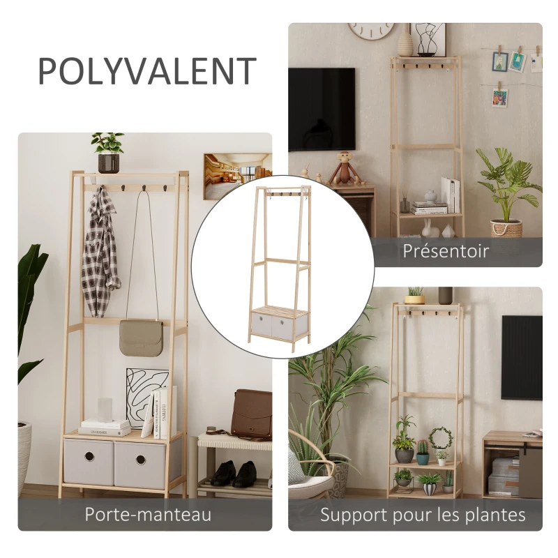HOMCOM Vestiaire d'entrée porte-manteau 4 patères 2 tiroirs polyester gris clair 2 étagères bois de sapin