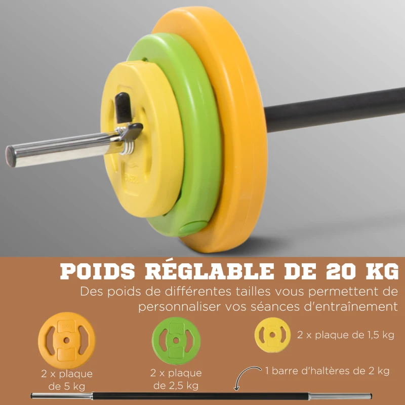 HOMCOM Ensemble haltères et barre 20 kg avec 6 haltères disques de 1,5 kg, 2,5 kg et 5 kg gym musculation orange vert et jaune
