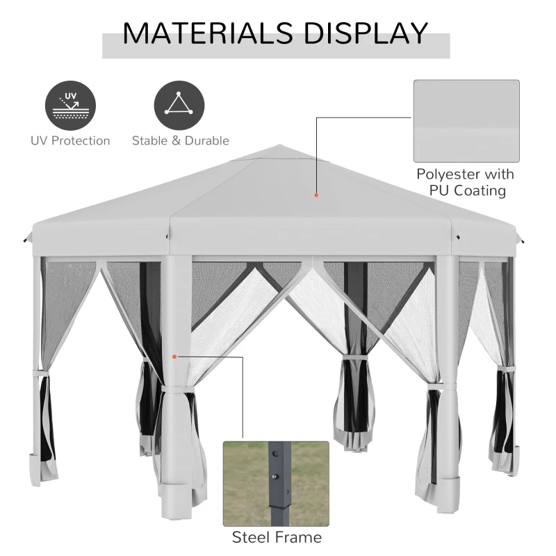 Outsunny 3.2m Pop Up Gazebo Hexagonal Canopy Tent Outdoor Sun Protection with Mesh Sidewalls, Handy Bag, Light Grey