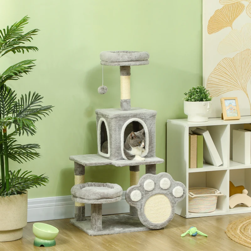 PawHut Árbol para gatos 110 cm Torre para Gatos con Nidos Cueva Plataforma Almohadilla de Rascado Bola Colgante Gris Claro