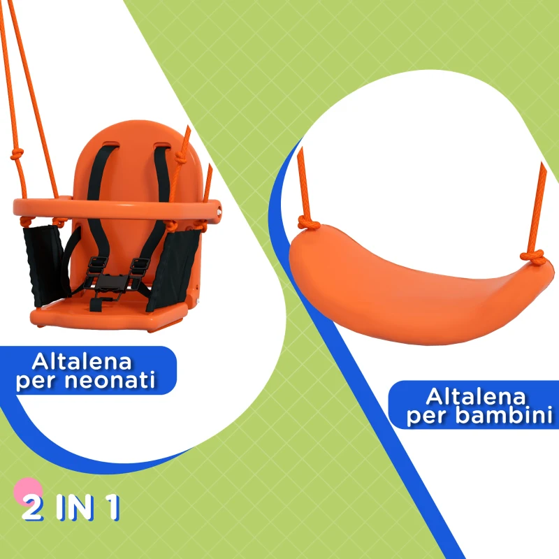 Outsunny Altalena da Giardino 2 in 1 per Neonati e Bambini da 6 Mesi a 8 Anni, Arancione e Blu