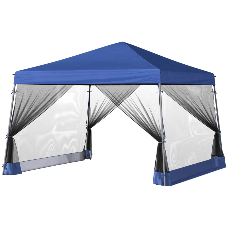 Outsunny Outdoor Garden Pop-up Gazebo Canopy Tent Sun Shade Event Shelter Folding with Adjustable Height, Mesh Screen Side Walls 3.5 M × 3.5 M Base / 3 M × 3 M Top, Blue