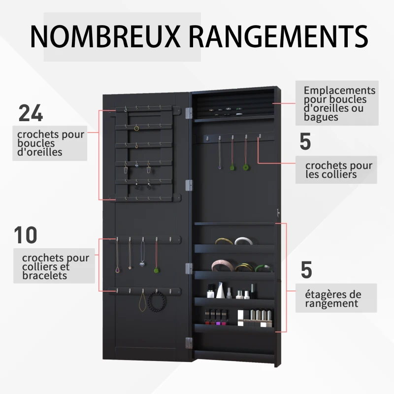 HOMCOM Armoire à Bijoux Multi-rangements Design Contemporain Mural avec Miroir 37L x 10l x 112H cm Noire