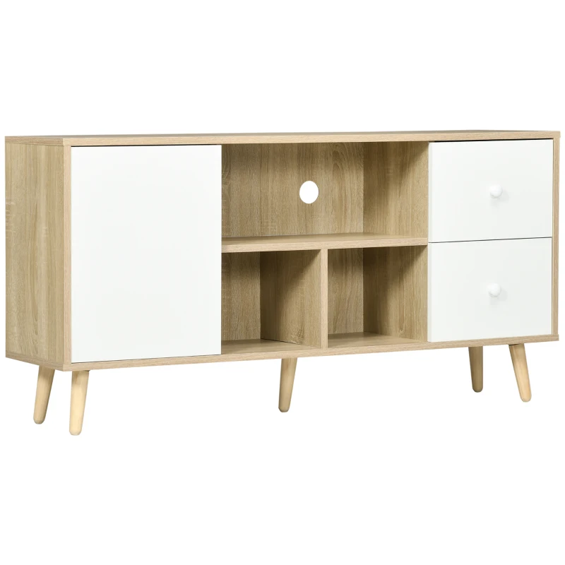 HOMCOM Meuble TV pour télévision jusqu'à 45 pouces pieds en bois massif style scandinave 3 niches 1 placard 120 x 30 x 60 cm