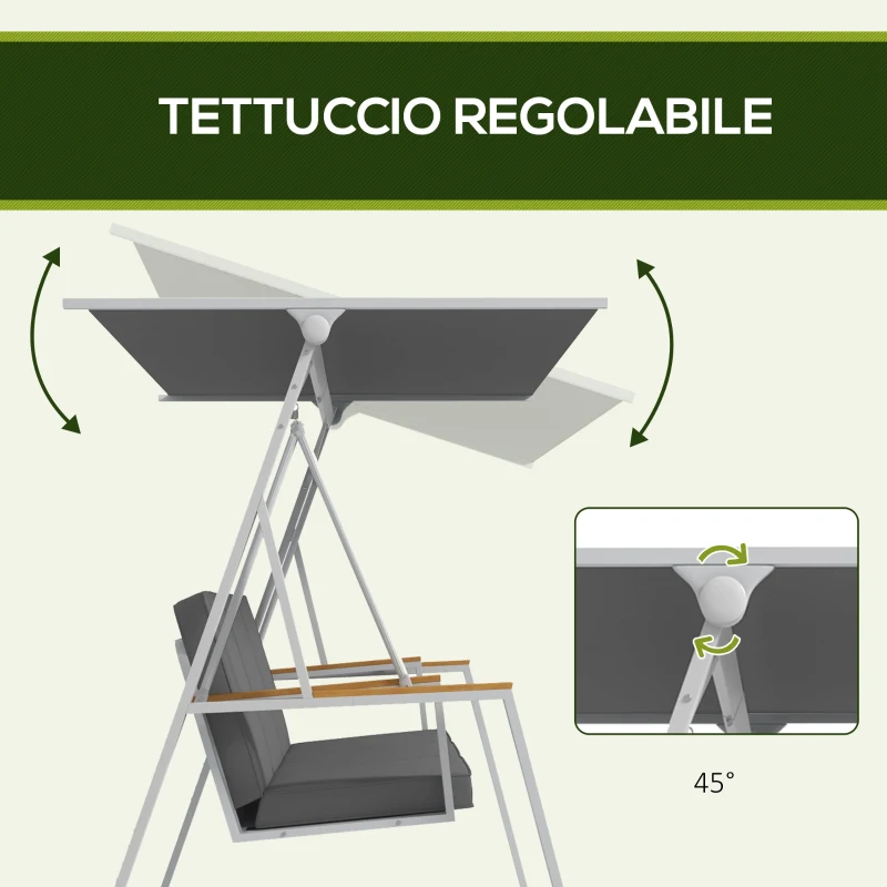 Outsunny Dondolo da Giardino 3 Posti con Tettuccio Inclinabile, in Acciaio, 205x130x175 cm, Grigio Scuro