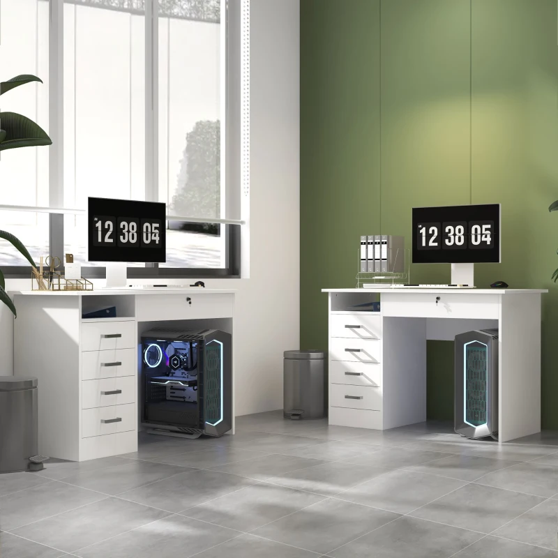 HOMCOM Bureau moderne avec 5 tiroirs, grand plateau, 1 compartiment ouvert, tiroir verrouillable, 110 x 50 x 76cm, blanc