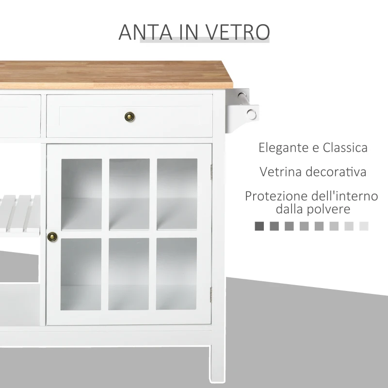 HOMCOM Carrello da Cucina in Legno Portavivande e Utensili, 2 Ruote Cassetti e Mensole, Multiuso e Salvaspazio, Bianco, 116.5x48x86.5cm