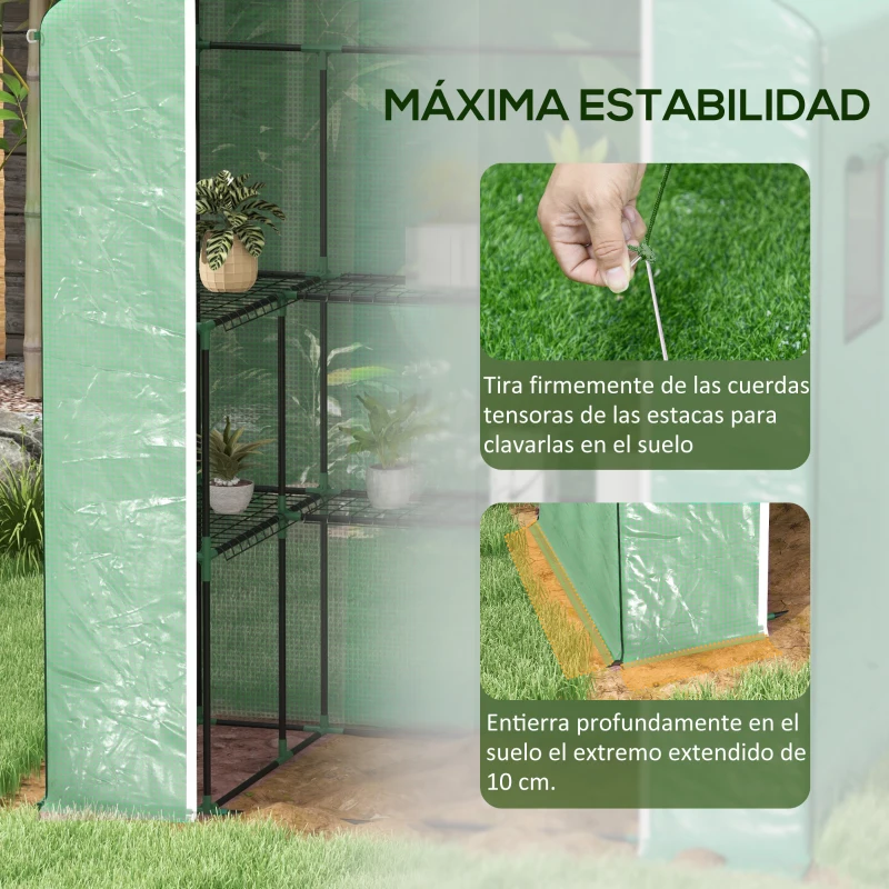 Outsunny Invernadero con 1 Puerta 2 Ventanas y Estantes de 2 Niveles en Forma de U para Cultivo de Plantas 140x73x190 cm Verde