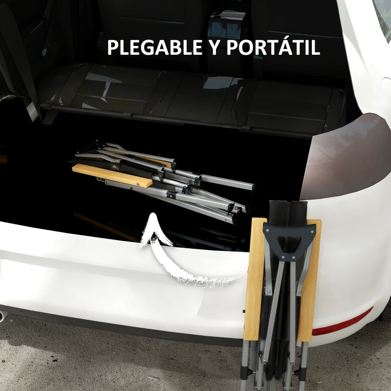 Outsunny Silla de Camping Plegable de Aluminio Respaldo Ajustable Reposabrazos de Madera Bolsa de Transporte 74x59,5x98 cm Negro