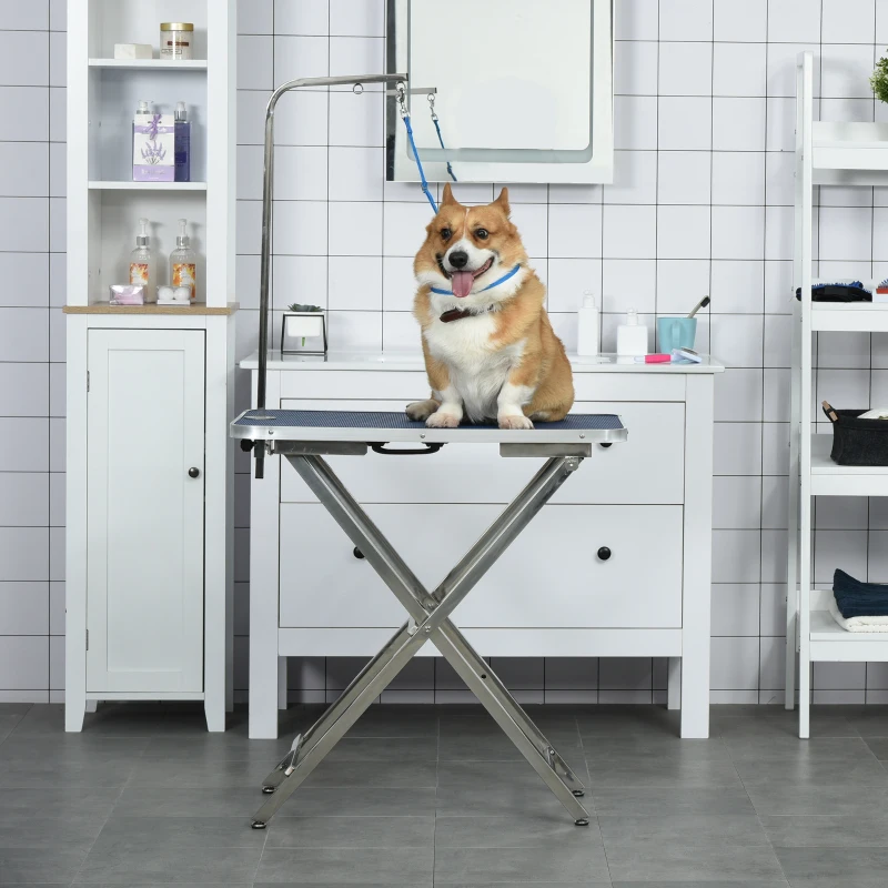 PawHut Tavolo Toelettatura Pieghevole con Maniglia Integrata, Braccio Regolabile e Guinzaglio, 70x45x74-81cm, Blu