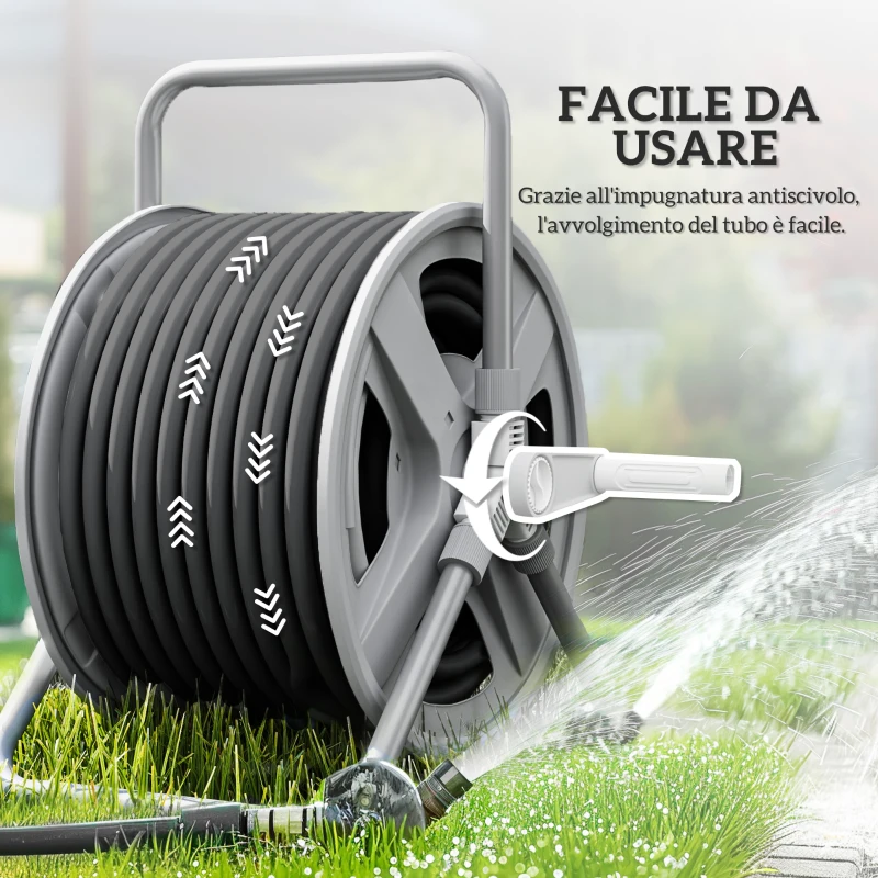 Outsunny Avvolgitubo da Giardino a Parete e Autoportante per 40m di Tubo con Manovella, Grigio